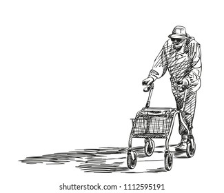 Sketch of elderly woman walking with her walker wheel chair, Hand drawn vector illustration with hatched shades and long shadow isolated on white background