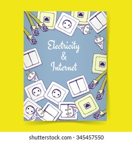Sketch electricity and internet poster template in vintage style, vector