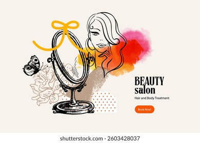 Sketch elegant beauty collage with watercolor splash. Perfect for beauty salons, cosmetic branding, and fashion ads. Vector hand drawn illustration, not AI generated