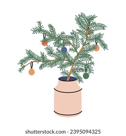 Sketch of elegant vase with Christmas tree branches. Bouquet of fir tree twigs. Hand drawn vector illustration. Vintage floral clipart isolated on white.