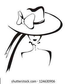 Dibujo de una mujer elegante en el sombrero. Ilustración vectorial en blanco y negro.