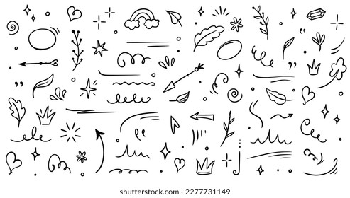 Sketch element line set. Abstract nature element decoration graphic icon set. Sketch hand drawn line element for brush, abstract decoration design. Vector illustration