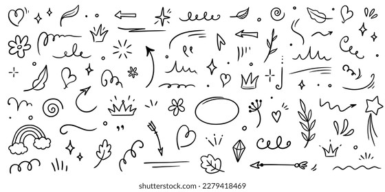 Sketch element line set. Abstract nature element decoration graphic icon set. Sketch hand drawn line element for brush, abstract decoration design. Vector illustration