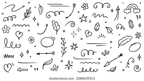 Sketch element line set. Abstract nature element decoration graphic icon set. Sketch hand drawn line element for brush, abstract decoration design. Vector illustration