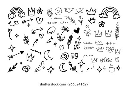 Conjunto de líneas de elemento de esbozo. Conjunto de iconos gráficos de decoración de elementos de naturaleza Abstractas. Dibuje el elemento de línea dibujado a mano para el cepillo, diseño abstracto de la decoración. Ilustración vectorial