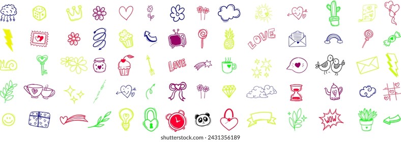 Sketch element line set Cute hand drawn doodle vector set, love, tattoo , firework, cloud, Unicorn. Vector illustration