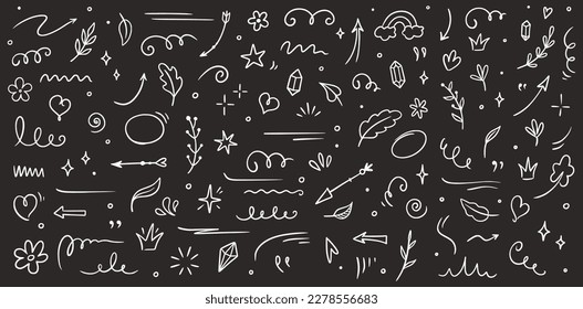 Sketch element line set on chalkboard. Abstract nature element decoration graphic icon set. Sketch hand drawn line element for brush, abstract decoration design. Vector illustration