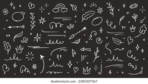 Sketch element line set on chalkboard. Abstract nature element decoration graphic icon set. Sketch hand drawn line element for brush, abstract decoration design. Vector illustration