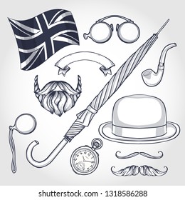 Sketch of elements beard and mustaches, rimless eyeglasses, umbrella, british flag, pocket watch, tobacco pipe