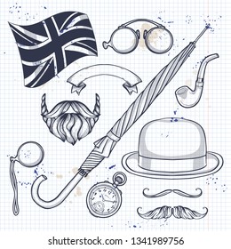Sketch of elements beard and mustaches, rimless eyeglasses, umbrella, british flag, pocket watch, tobacco pipe on a notebook page