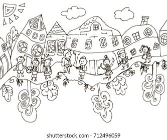 Sketch with elements of houses, trees and children on an isolated background.Hand drawn black pen.