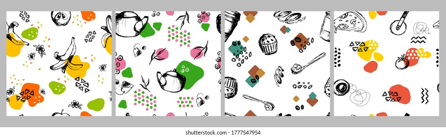 Sketch elements seamless pattern. Hand drawn abstract design half peeled bananas teapot with tea bag cupcakes with dessert spoon, slices of pizza knife cartoon colored vector decorations.