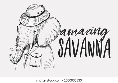 Sketch of  elephant in clothes. Hand drawn illustration converted to vector