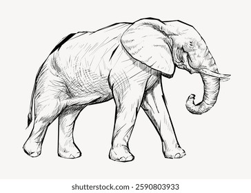 Sketch of an elephant with detailed lines. The elephant is depicted walking, showcasing its large ears and trunk. Black and white elephant illustration. Vintage animal illustration vector.