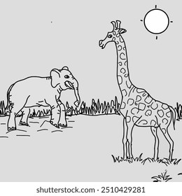 Sketch of elephant, giraffe, grass and sun. Vector coloring for children. 