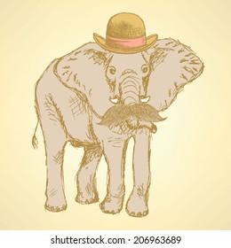 Sketch elephant in hat with mustache, hipster background 