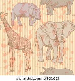 Sketch elephant, rhino, giraffe and hippo, vector vintage seamless pattern 