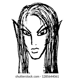 Sketch of the elf girl's head. Careless amateur contour drawing of a beautiful elf with sharp ears and long hair. Overlay template for your design. Vector illustration