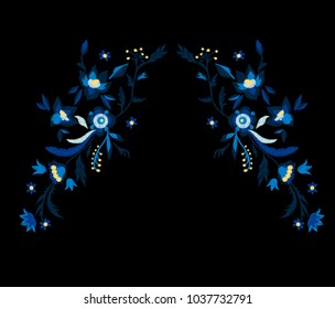 sketch of embroidery of blue color flowers with leaves. design of pillow case or napkin or tablecloth