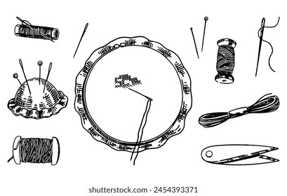 Sketch of embroidery hoop, spools of threads, needles, pincushion, tools for sewing work. Needlecraft doodle set. Outline vector illustrations collection.