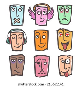 Sketch emoticons face expressions and emotions colored icons set of happy horny tired man isolated vector illustration