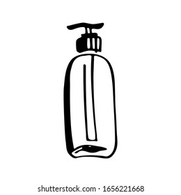 Esbozo de una botella vacía. Dispensador de la bomba con tubo. Objeto aislado en un fondo blanco.