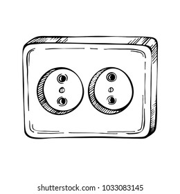 Sketch Empty electric socket. Cartoon, hand drawn  unplugged european wall outlet , sketch style, isolated on white background.