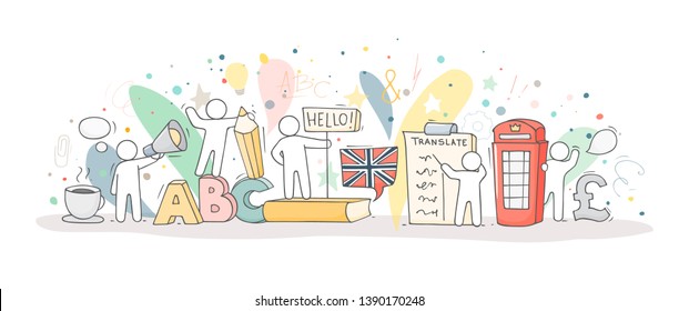 Sketch of english class with studing little people. Doodle cute miniature of teamwork and british symbols. Hand drawn cartoon vector illustration for school subject design.