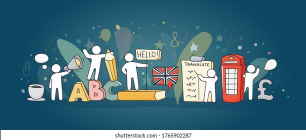 Sketch Of English Class With Studing Little People. Doodle Cute Miniature Of Teamwork And British Symbols. Hand Drawn Cartoon Vector Illustration For School Subject Design.