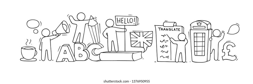 Sketch Of English Class With Working Little People. Doodle Cute Miniature Of Teamwork And British Symbols. Hand Drawn Cartoon Vector Illustration For School Subject Design.