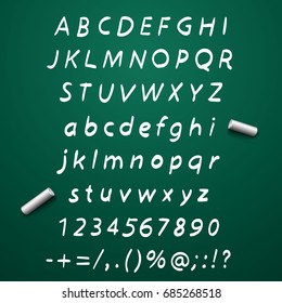 Sketch English font, Board with a set of sketch symbols, Sketch font alphabet and numbers, Vector illustration