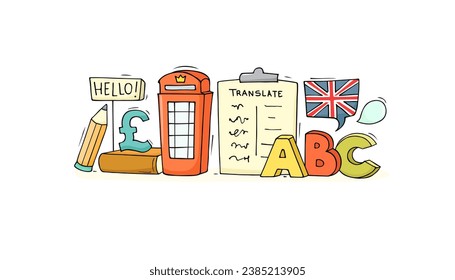 Sketch of english training class. Doodle cute vector with educationobjects and british symbols. Hand drawn cartoon vector illustration for school subject design.