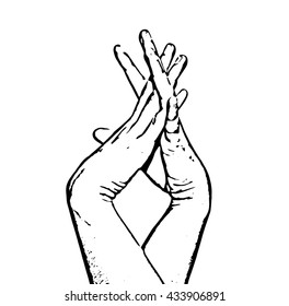Sketch of entangled female hands. Black and white vector graphic. Tenderness and beauty. Hands in picture. Body part.