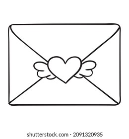 Sketch envelope of a Valentine's Day card on February 14 with a heart line icon. Vector, illustration.