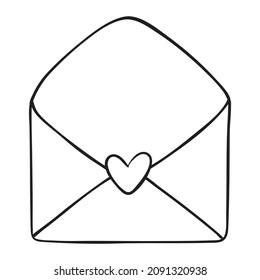 Sketch envelope of a Valentine's Day card on February 14 with a heart line icon. Vector, illustration.