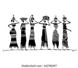 Sketch of ethnic women with jugs for your design