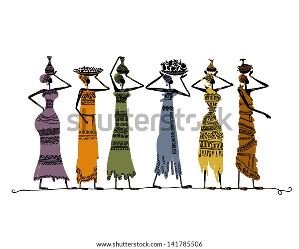 Sketch of ethnic women with jugs for your contemporary African mural painting design.