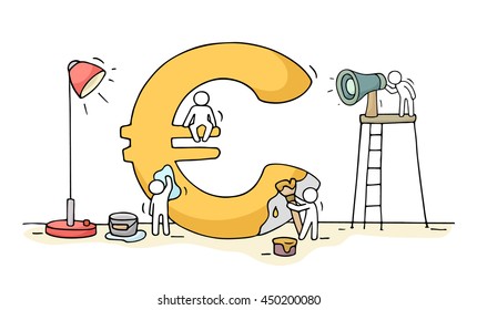 Sketch of euro sign with working little people. Doodle cute miniature of construction euro and preparing for the big profit. Hand drawn cartoon vector illustration for business design.