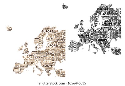 Sketch Europe letter text continent, Europe word - in the shape of the continent, Map of continent Europe - brown and black vector illustration