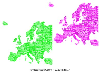 Sketch Europe letter text continent, Europe word - in the shape of the continent, Map of continent Europe - green and purple vector illustration