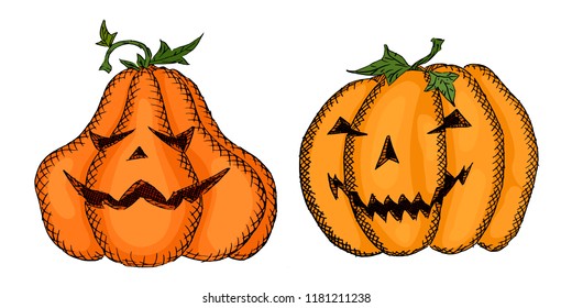 sketch of evil pumpkins decorated in bright colors.vector stock illustration
