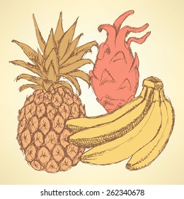 Sketch exotic fruits in vintage style, vector