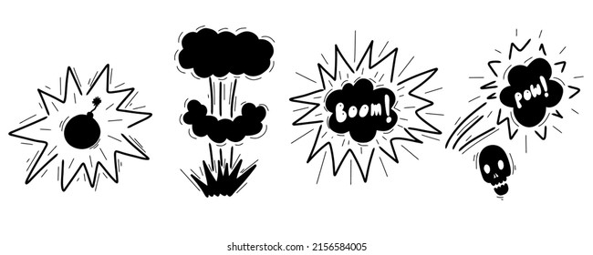 Sketch explosion boom. Hand drawn explosion, nuclear mushroom bomb element. Doodle sketch style. Vector illustration isoletad on white.