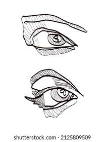 Sketch of the eye with shadows. Eye drawn with lines. Art sketch.