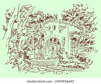 Sketch f house in forest vector for card, decoration, illustration