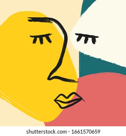 Sketch of a face on an abstract colored background painted with a rough brush. Minimalistic watercolor poster. Stylish modern vector illustration.