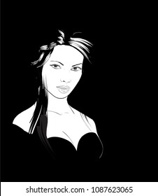 Sketch of the face on a black background. Fashion girl face.