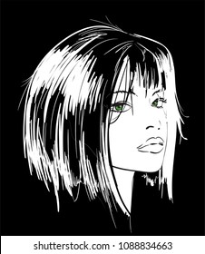 Sketch of the face on a black background. Fashion girl face.