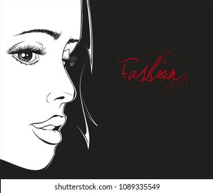 Sketch of the face on a black background. Fashion girl face.