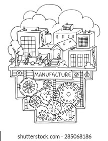 Sketch of factory work with working people, workshop, production. Doodle  manufacture, plant with machinery and gears. Hand drawn illustration  for business design.